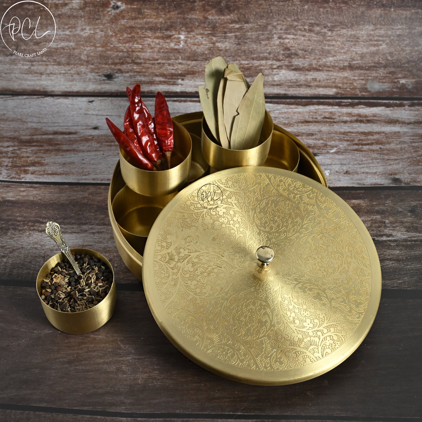 Handcrafted Brass  Half Etched Masala Box Set for Kitchen with Spoon