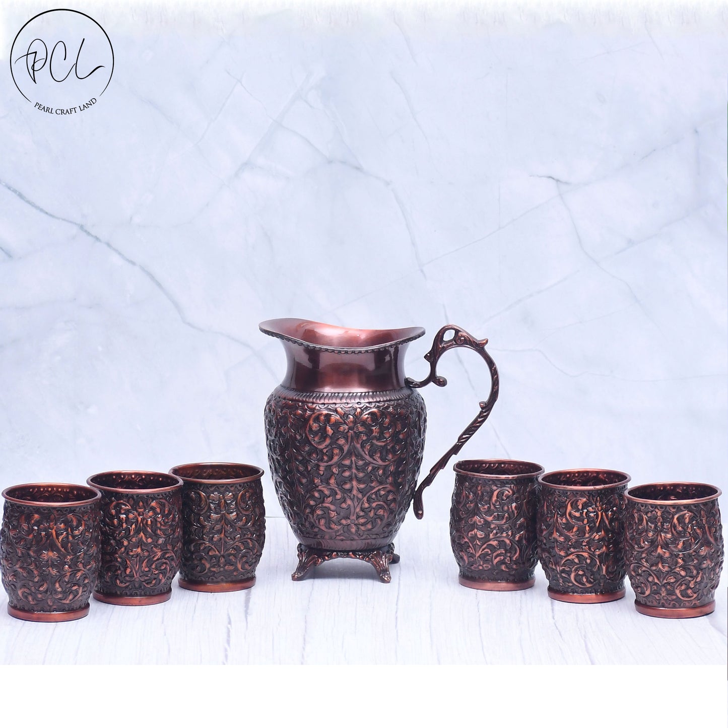 Exclusive Pure Copper Embroidery Lemon Set with Antique Finish 1 Jug , 6 Glasses With Tray