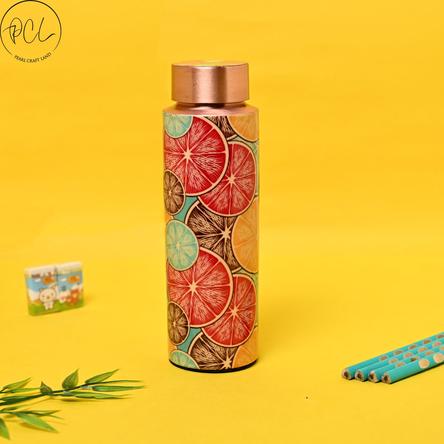 PCL Copper Bottle Beautiful Lemons Printed Bottle | 400 ML.