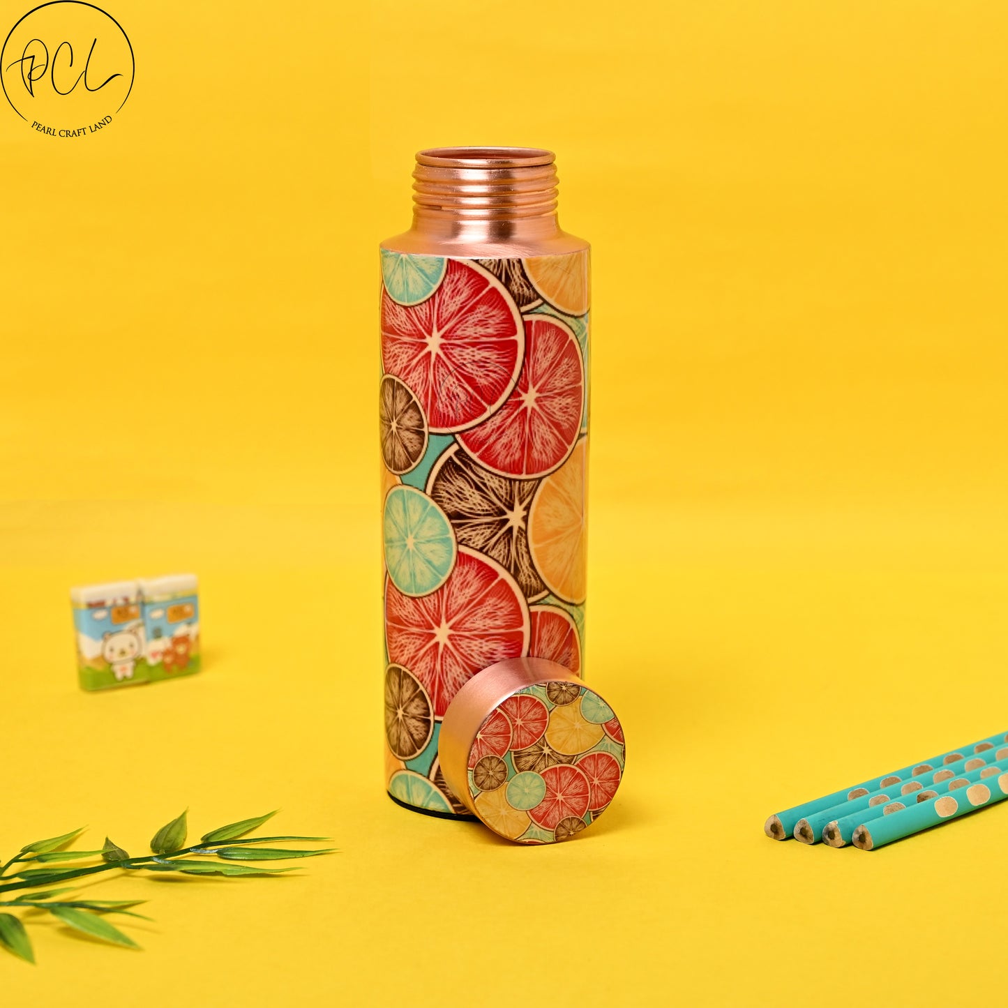 PCL Copper Bottle Beautiful Lemons Printed Bottle | 400 ML.