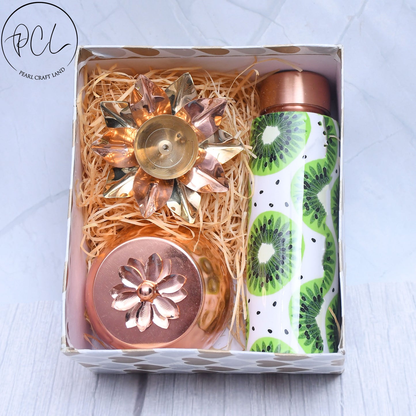 Pure Copper Bottle with Container Jar and Floral Candle Holder Set of 3 Combo