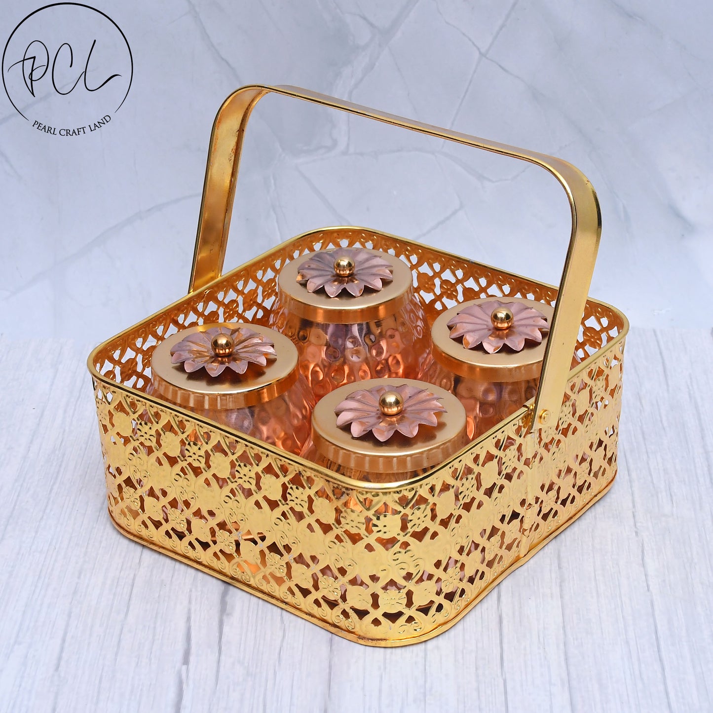 Exclusive Basket with 4 Dry Fruit Container Pot with Copper Hammered Finish For Multi-Purposes