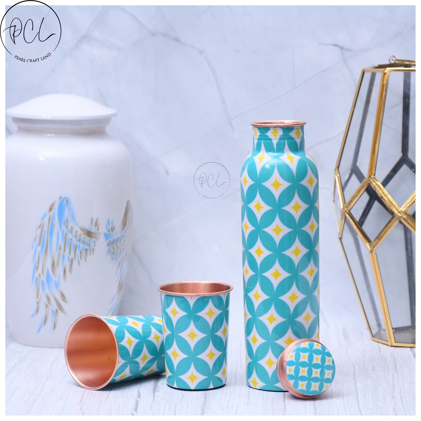 Refreshing Sky Blue Digital Printed Copper Bottle with 2 Glasses / Tumbler Set of 3 Capacity 1450 ML