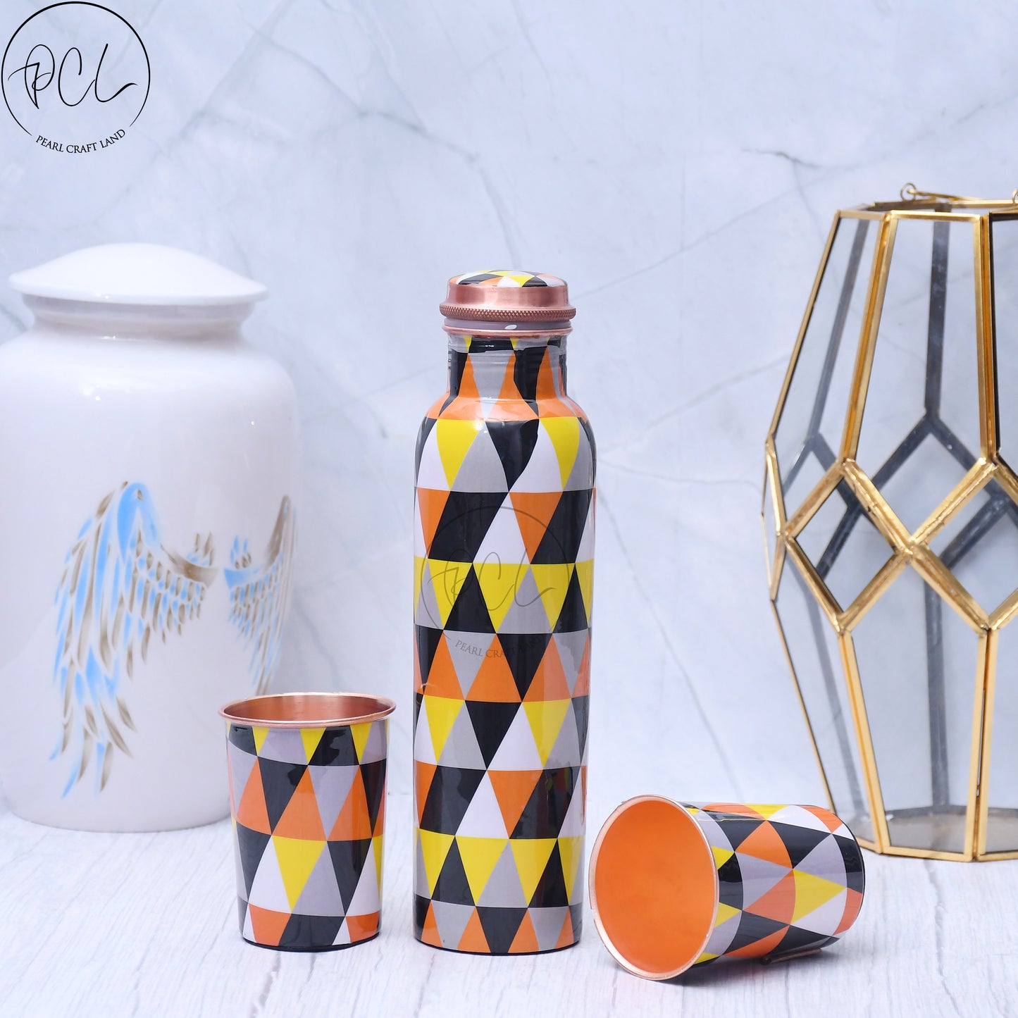 Exclusive Geometric Designed Pure Copper Bottle with 2 Glasses Set of 3 Capacity 1450 ML