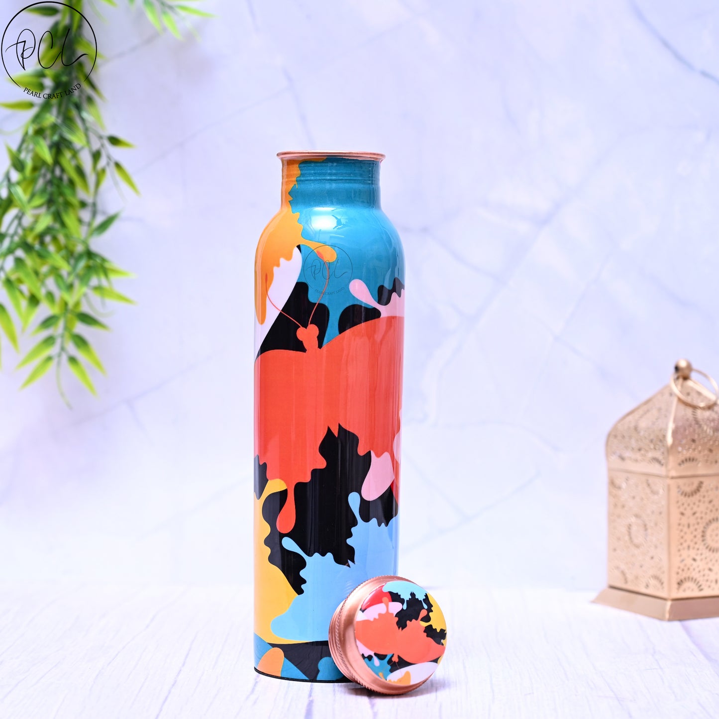 Pure Copper Multicoloured Abstract Printed Water Bottle with Leak Proof Capacity 1000 ML.