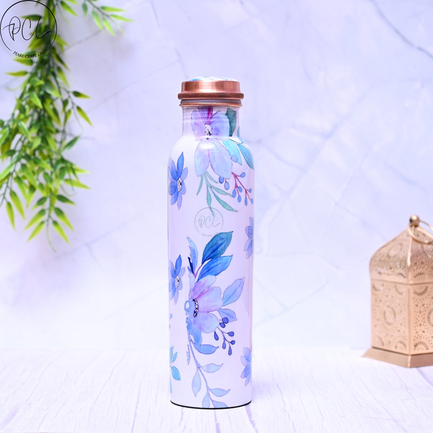 Pure Copper Blue Flower Printed Water Bottle with Leak Proof Capacity 1000 ML.