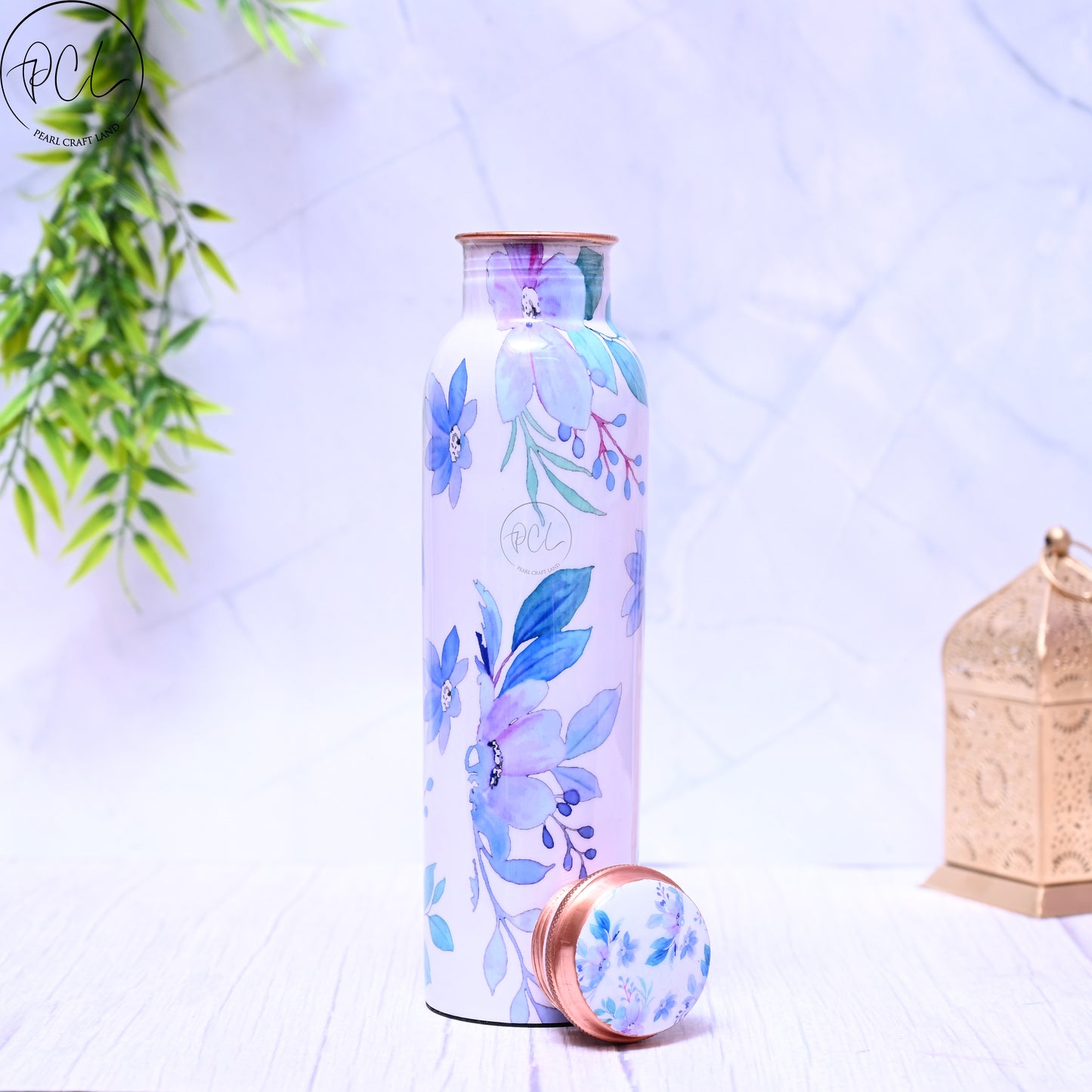 Pure Copper Blue Flower Printed Water Bottle with Leak Proof Capacity 1000 ML.