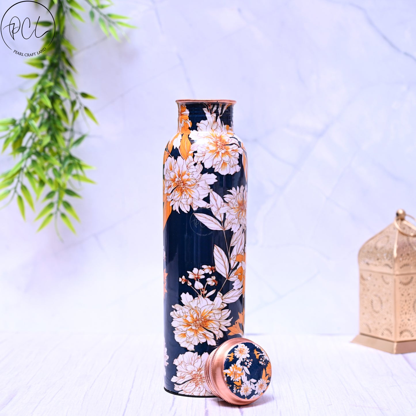 Pure Copper White Lily Water Bottle with Leak Proof Capacity 1000 ML.