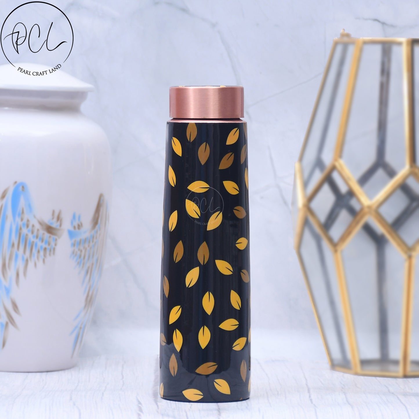 Leaf Design Printed Copper Water Bottle Enamel Leak Proof Capacity 1000 ML