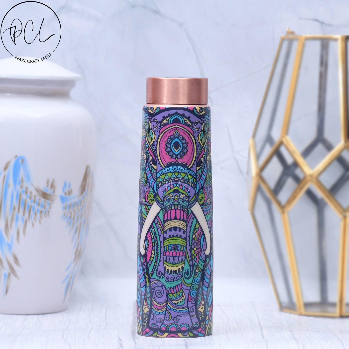 Elephant Design Printed Copper Bottle Enamel Leak Proof Capacity 1000 ML