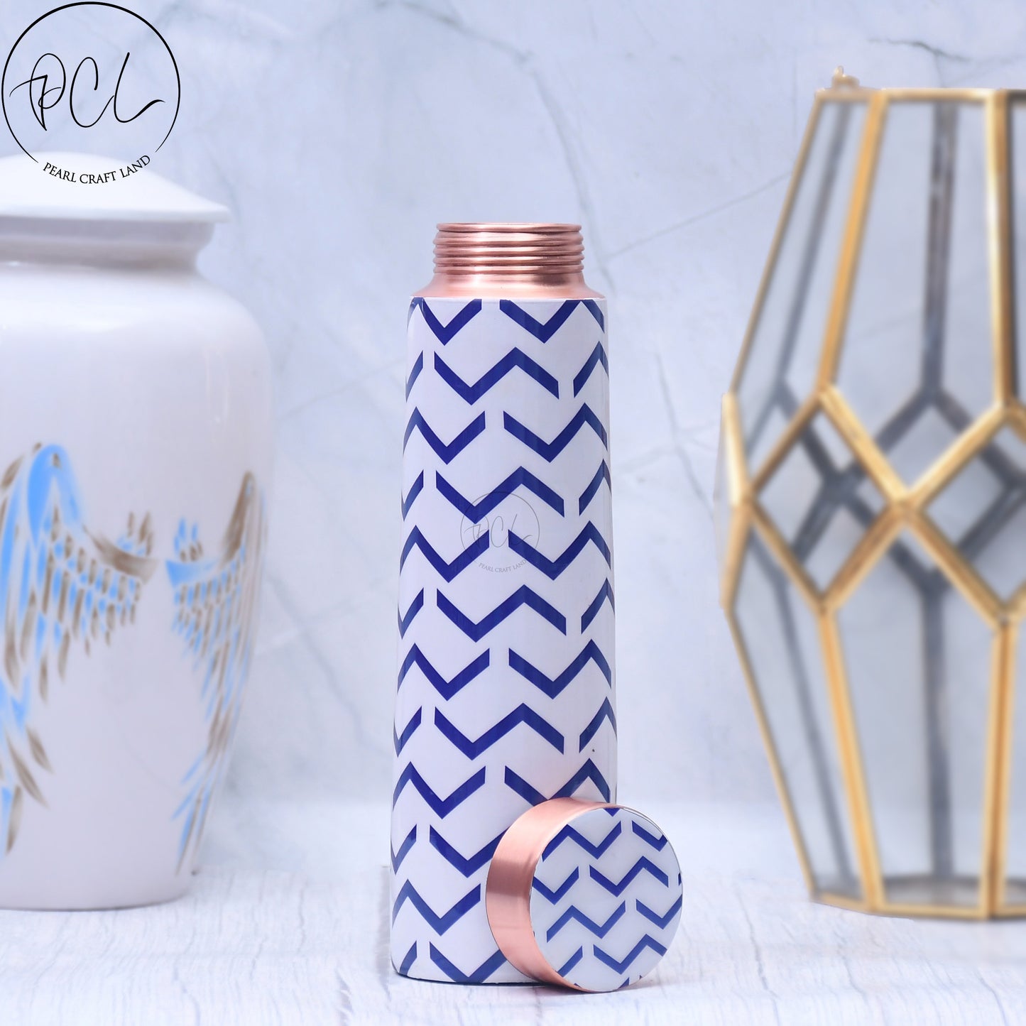 Blue Wave Design Printed Copper Water Bottle Leak Proof Capacity 1000 ML