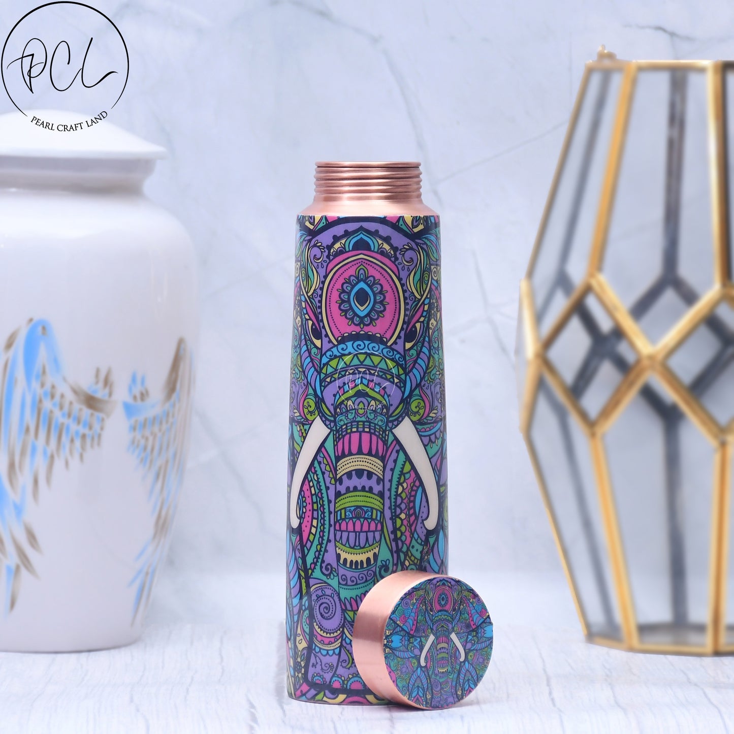 Elephant Design Printed Copper Bottle Enamel Leak Proof Capacity 1000 ML