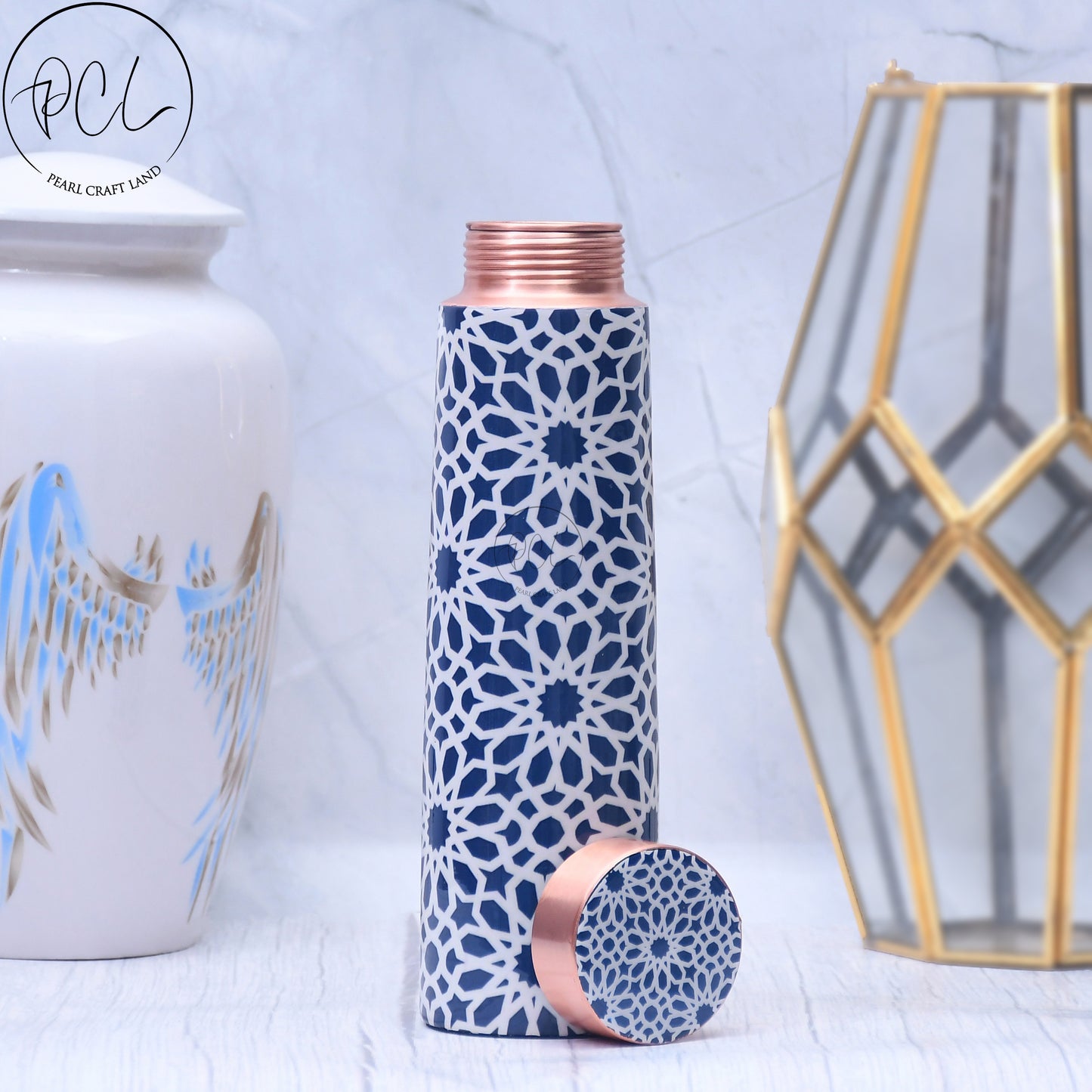 Indigo Blue Printed Copper Bottle Enamel Leak Proof Capacity 1000 ML