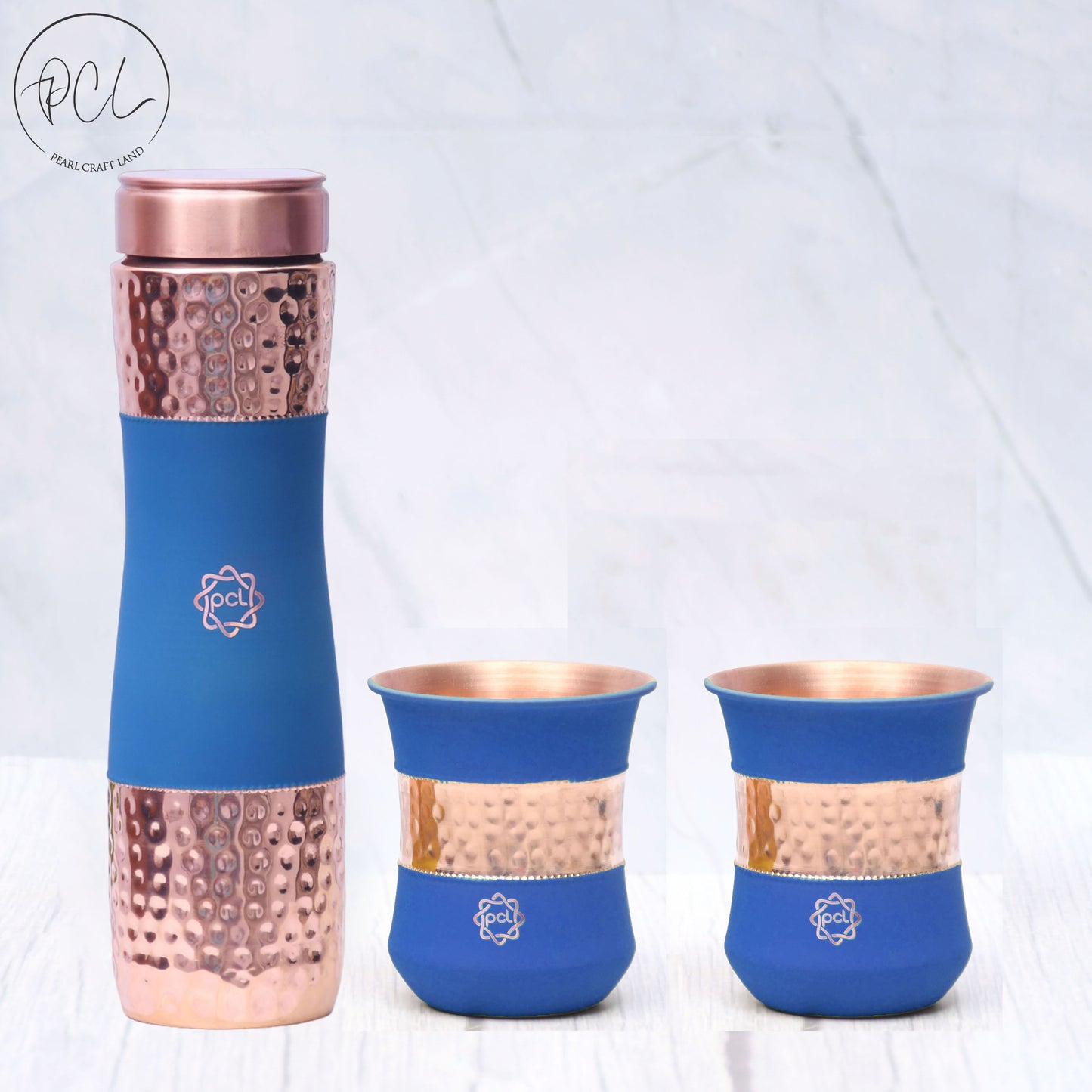 Pure Copper Water Bottle Silk Blue Half Hammered with 2 Dholak Glasses ( Set of 3 ) Capacity 1450 ML