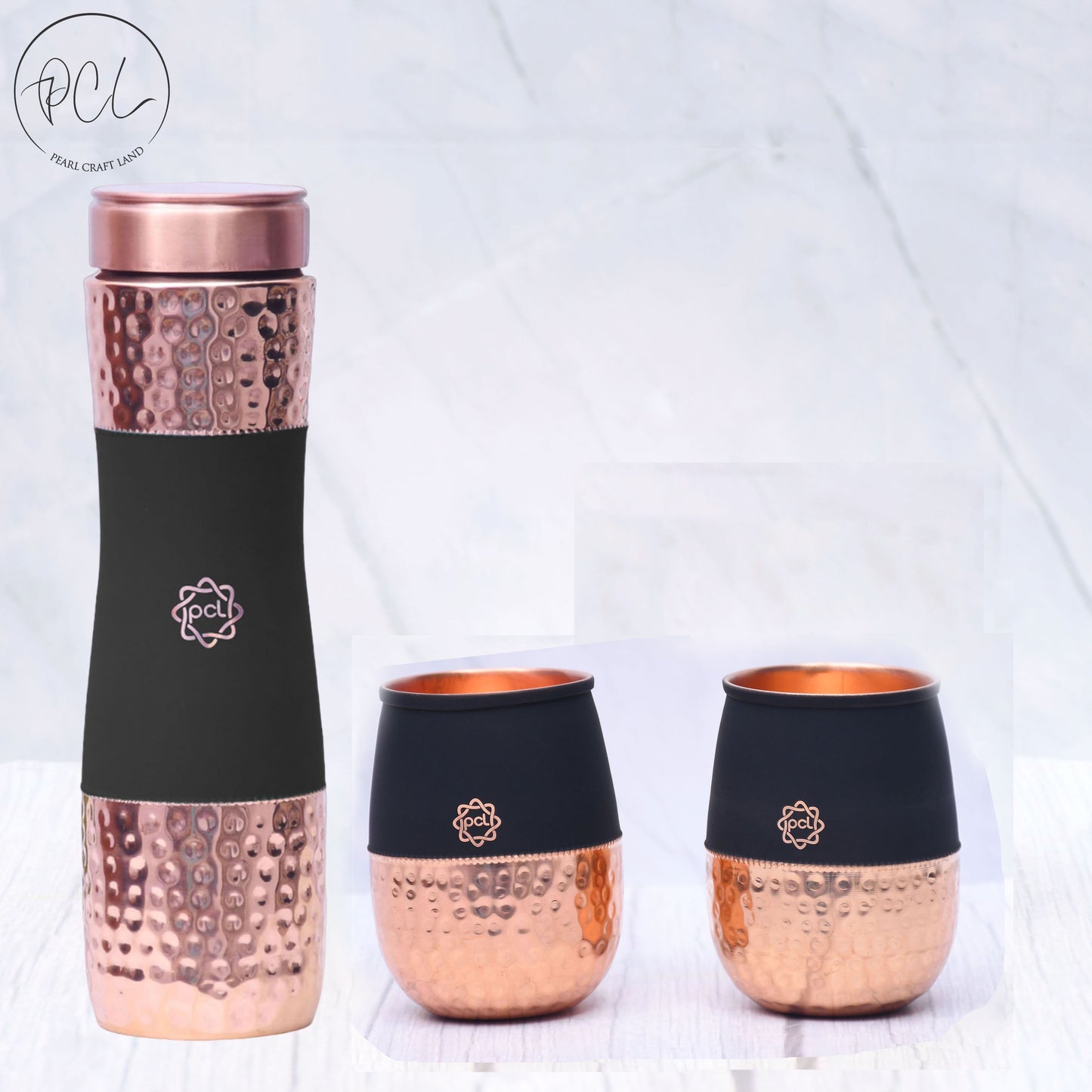 Pure Copper Water Bottle Silk Black Half Hammered with 2 Glasses ( Set of 3 ) Capacity 1450 ML