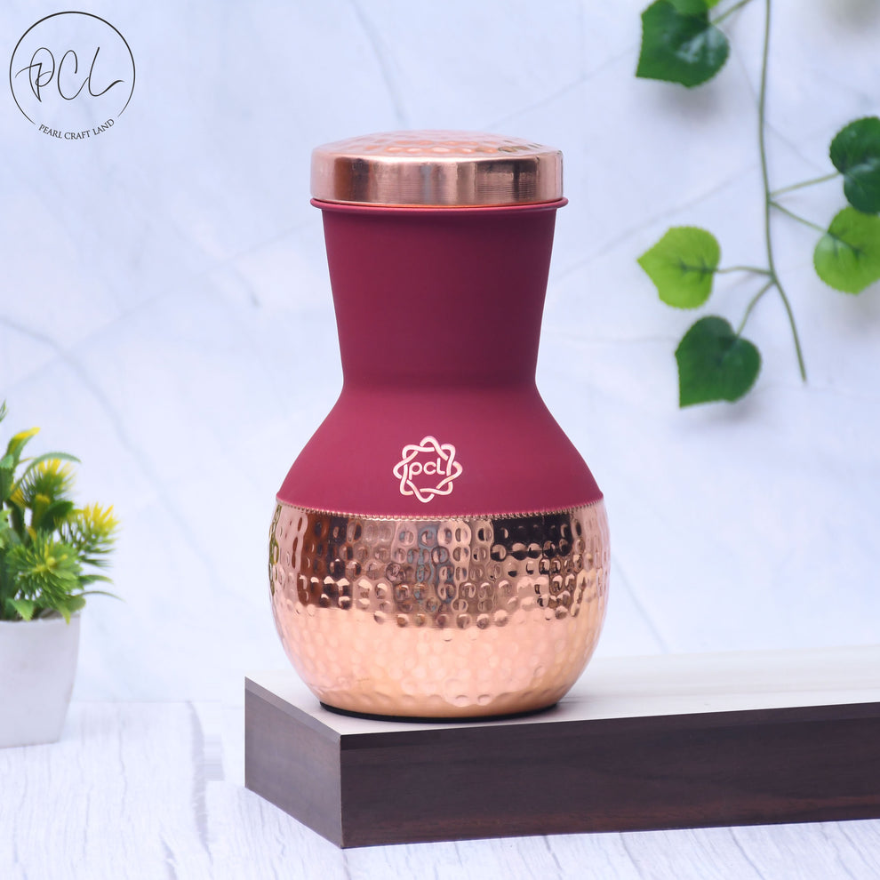 Pure Copper Silk Red Cherry Matka Pot with Inbuilt Glass Capacity 1200 ...