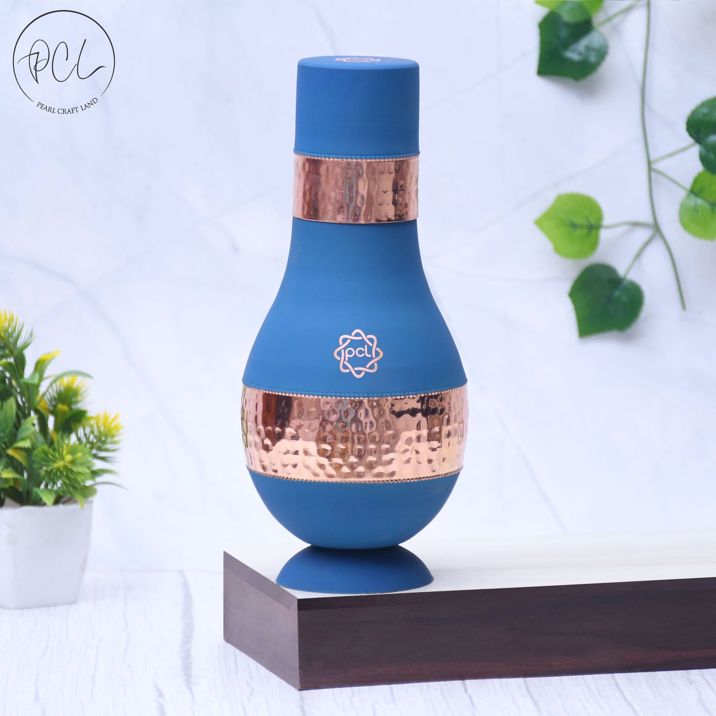 Pure Copper Silk Blue Modern Surahi with Inbuilt Glass Capacity 1000ML.