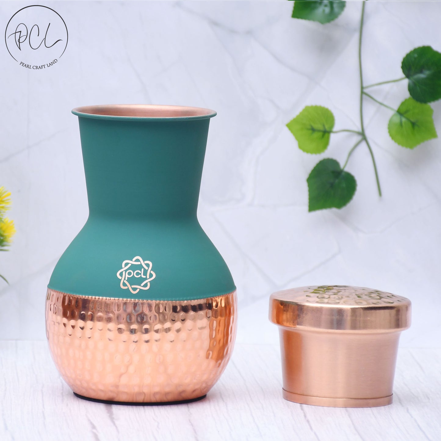 Pure Copper Silk Green Matka Pot with Inbuilt Glass Capacity 1200ML