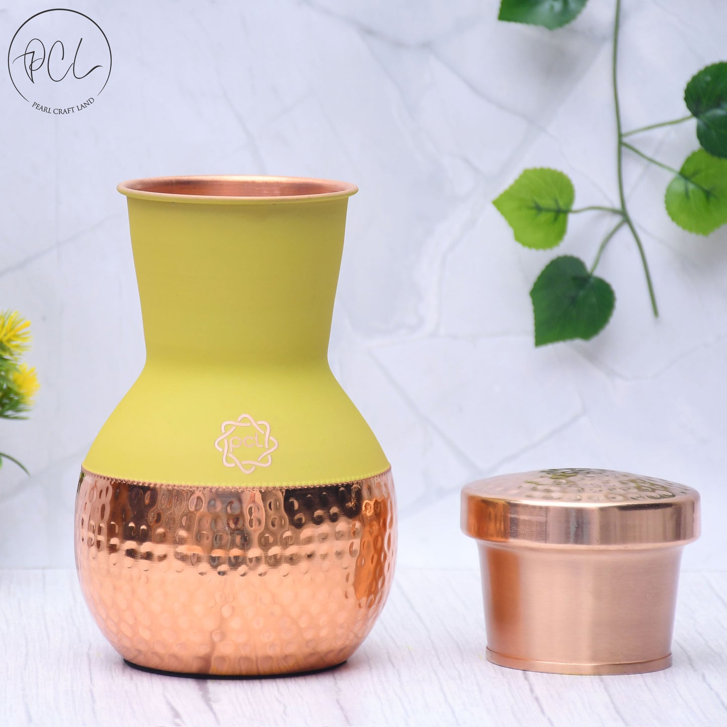 Pure Copper Silk Yellow Matka Pot with Inbuilt Glass Capacity 1200ML