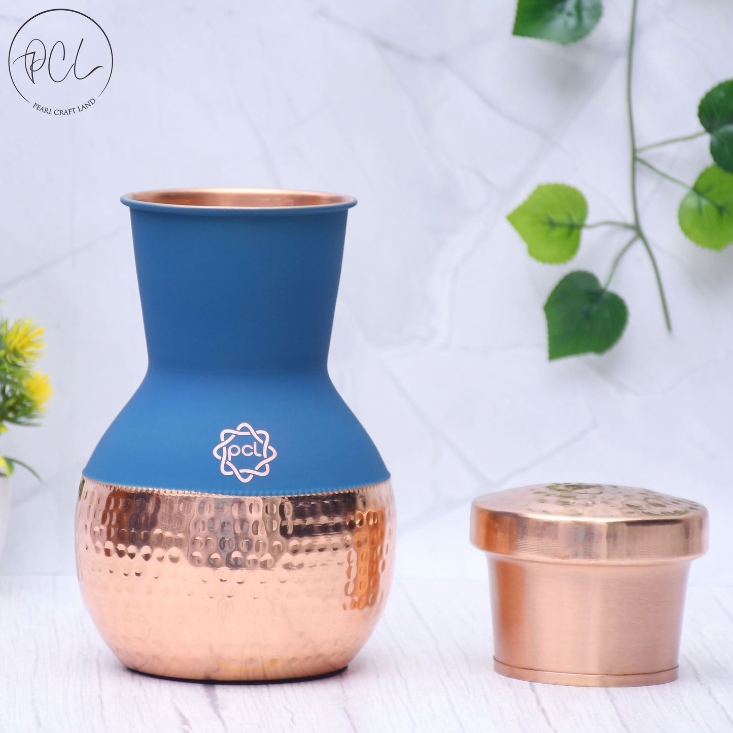 Pure Copper Silk Blue Matka Pot with Inbuilt Glass Capacity 1200ML