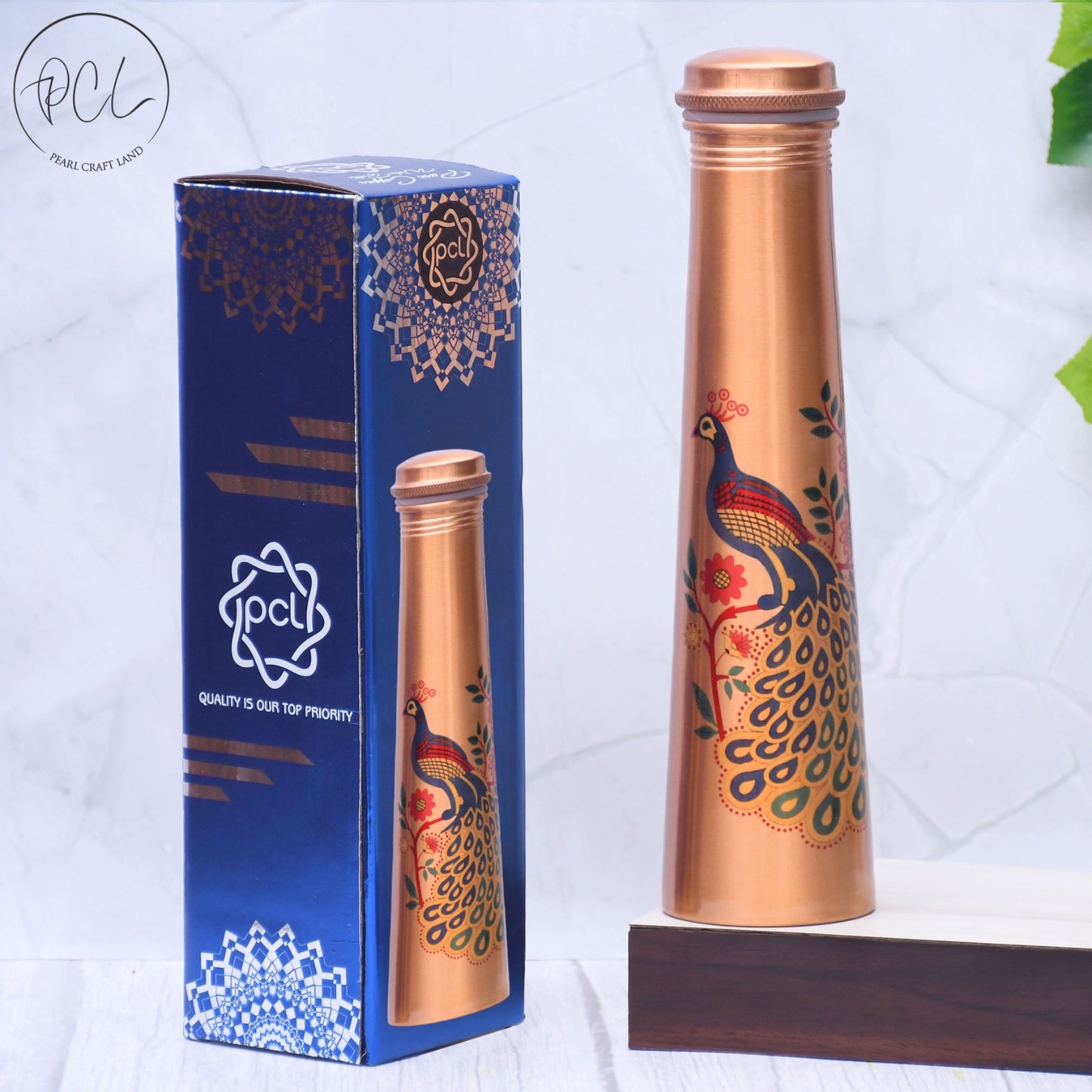 Pure Copper Water Bottle Unique Peacock Printed Designed Capacity 1000ML