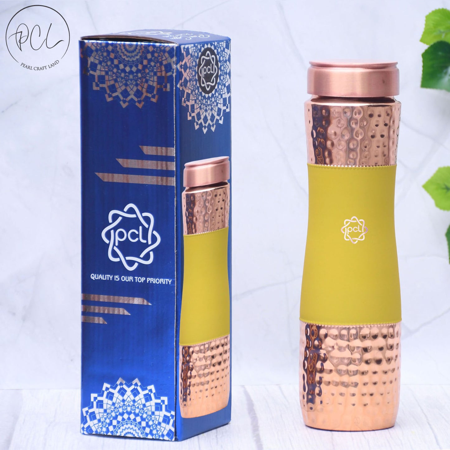 Pure Copper Water Bottle Silk Yellow Half Hammered Capacity 1000ml.