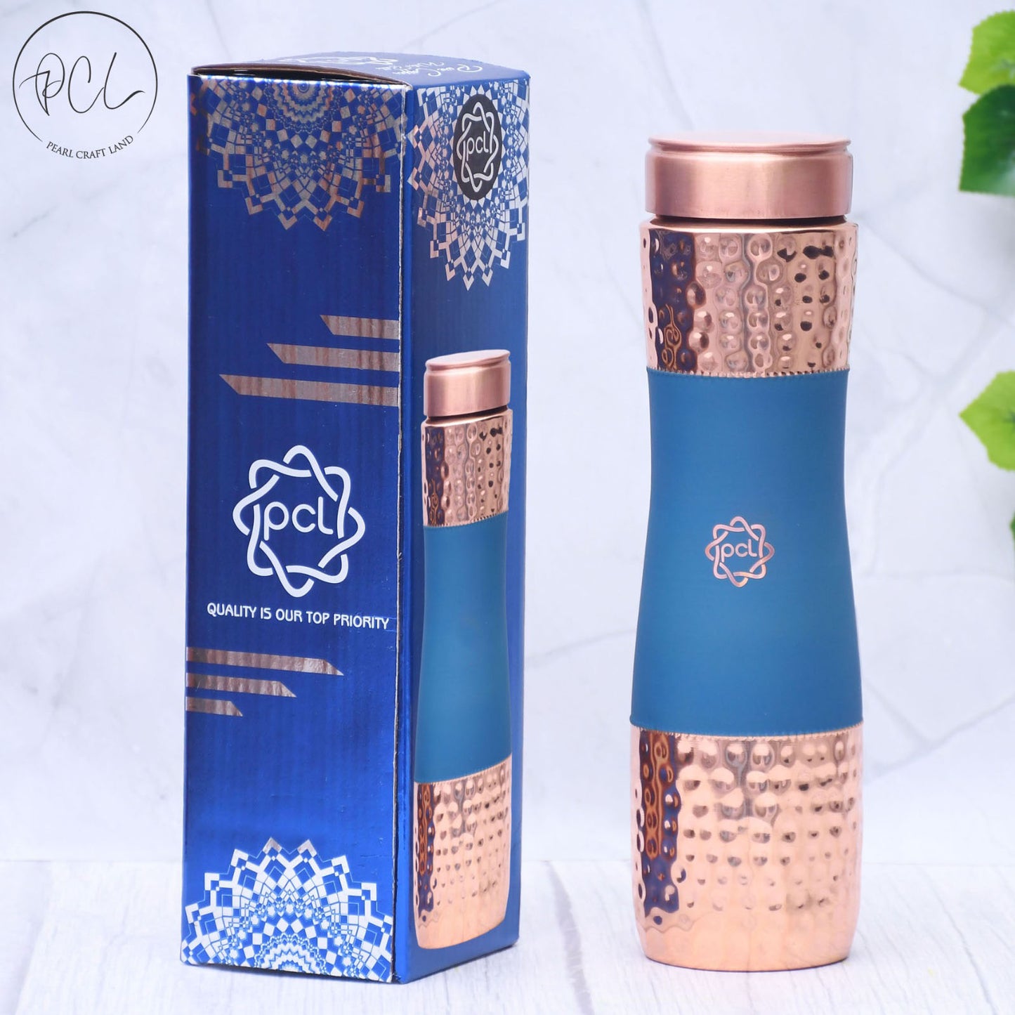 Pure Copper Water Bottle Silk Blue Half Hammered Capacity 1000ml