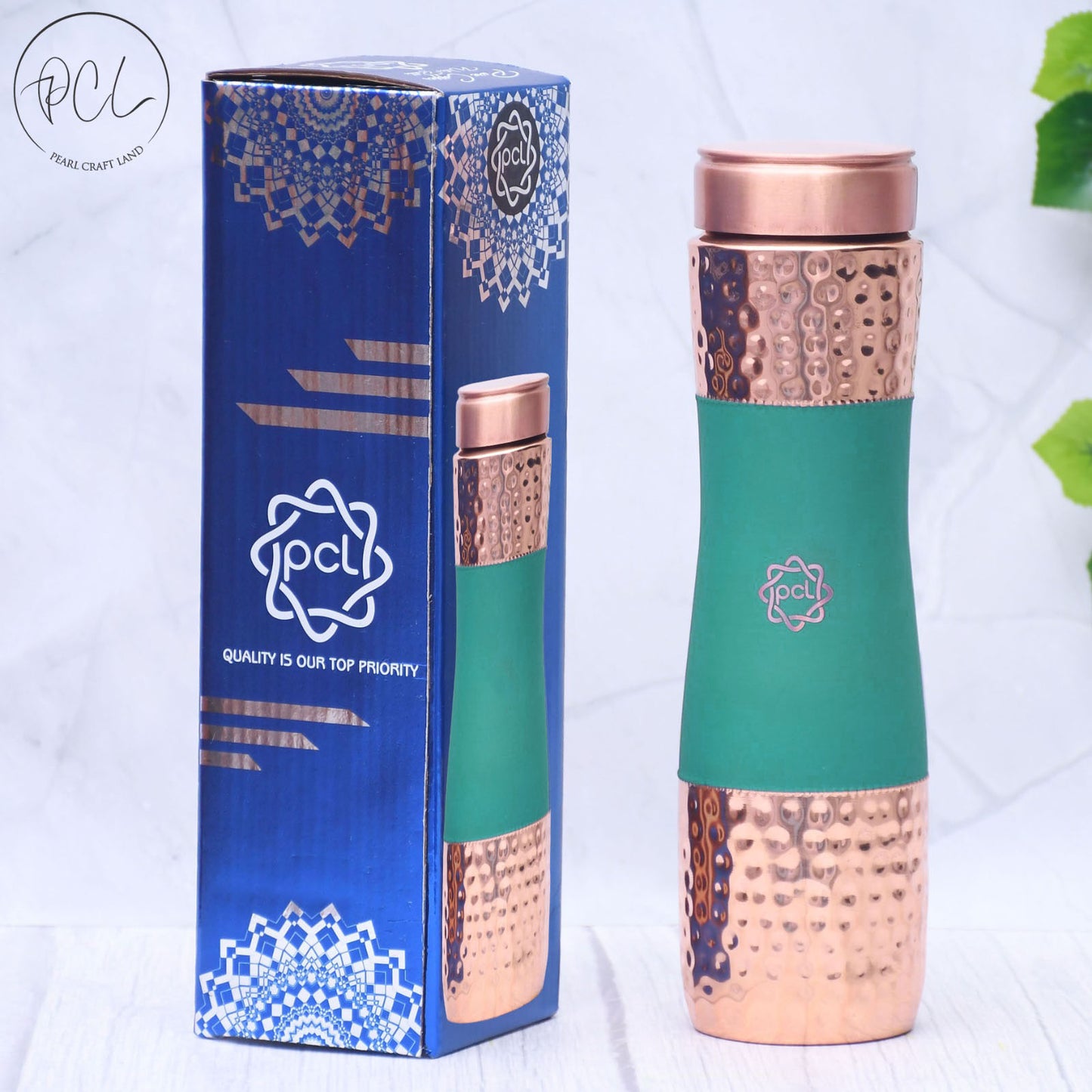 Pure Copper Water Bottle Silk Green Half Hammered Capacity 1000ML