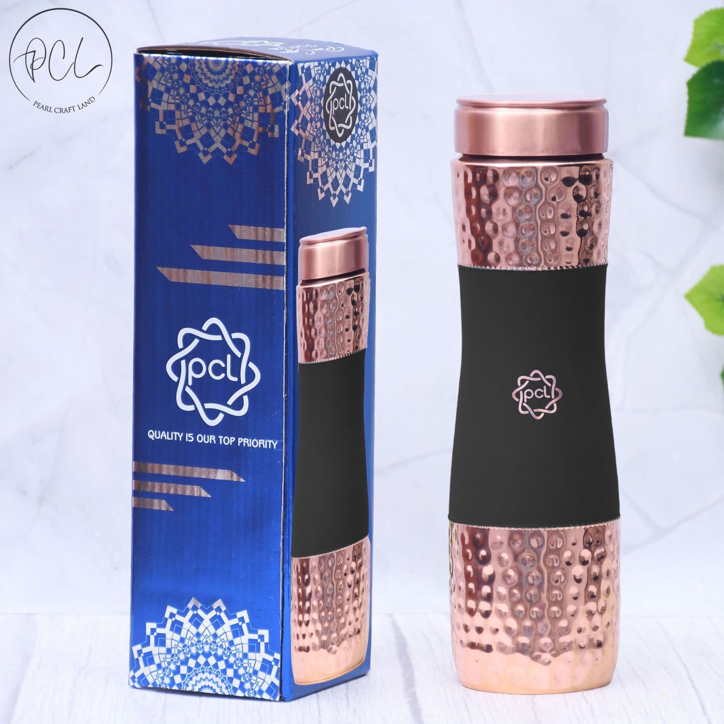 Pure Copper Water Bottle Silk Black Half Hammered Capacity 1000ML