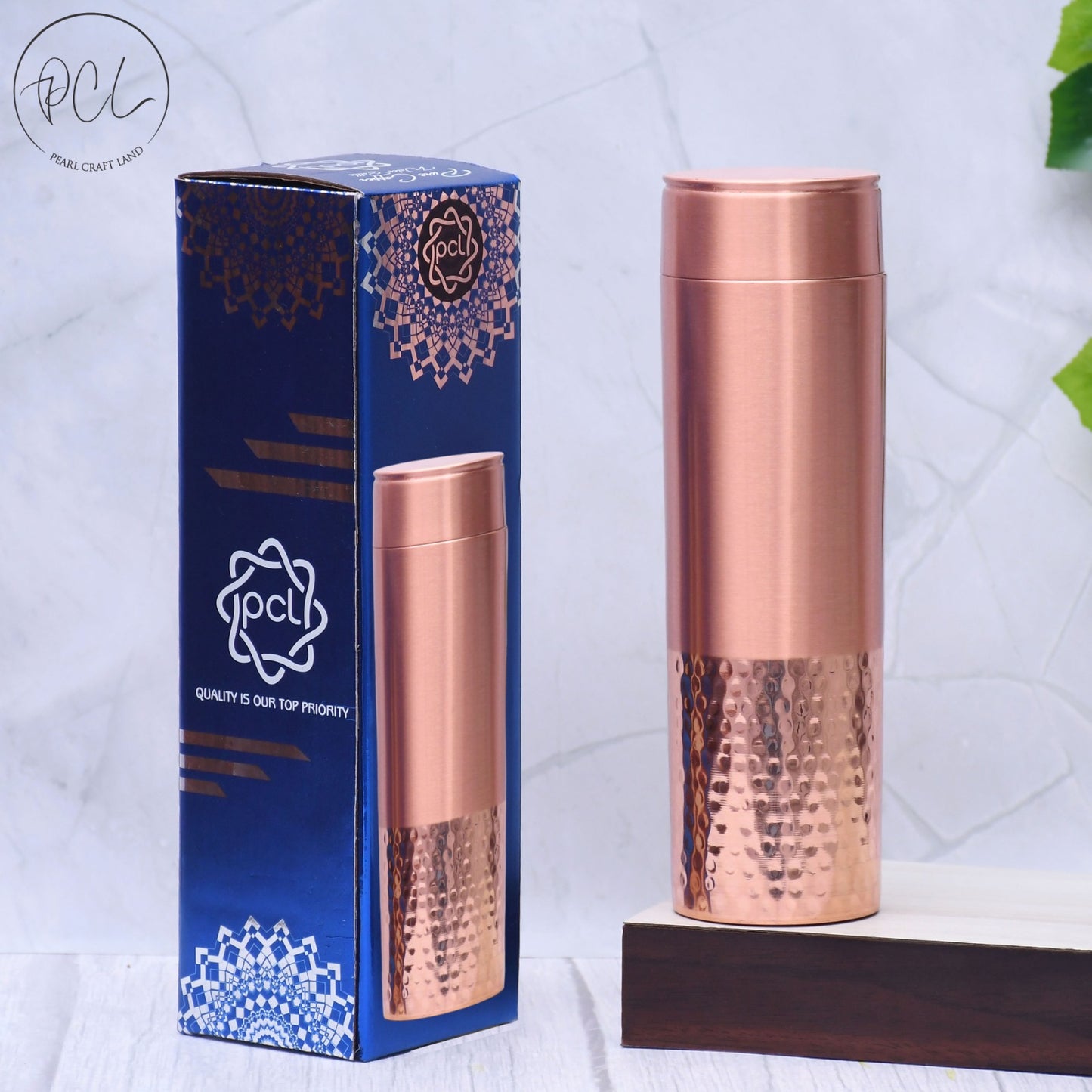 Pure Copper Water Bottle Half Hammered and Half Matt Straight Capacity 1000ML