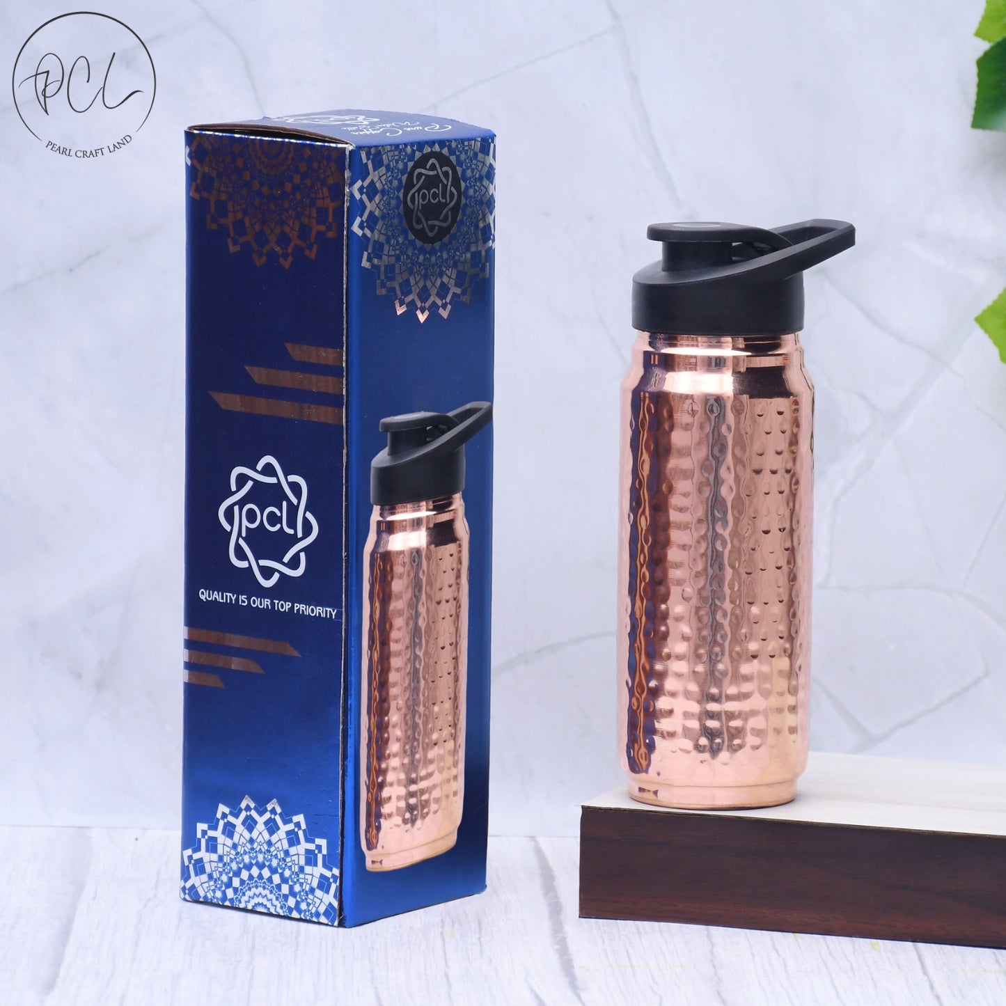 Pure Copper Sipper and Gym Water Bottle Black Cap Hammered Designed Capacity 750ML