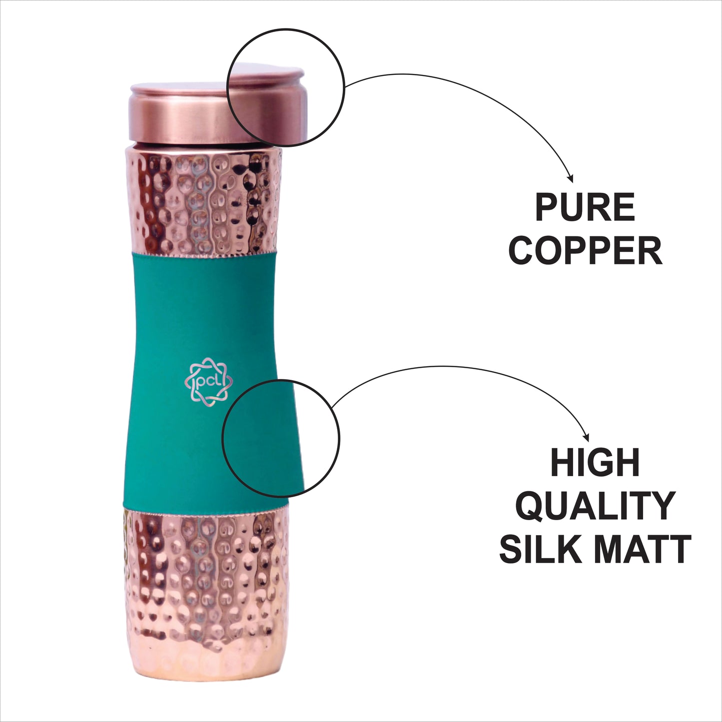 Pure Copper Water Bottle Silk Green Half Hammered Capacity 1000ML