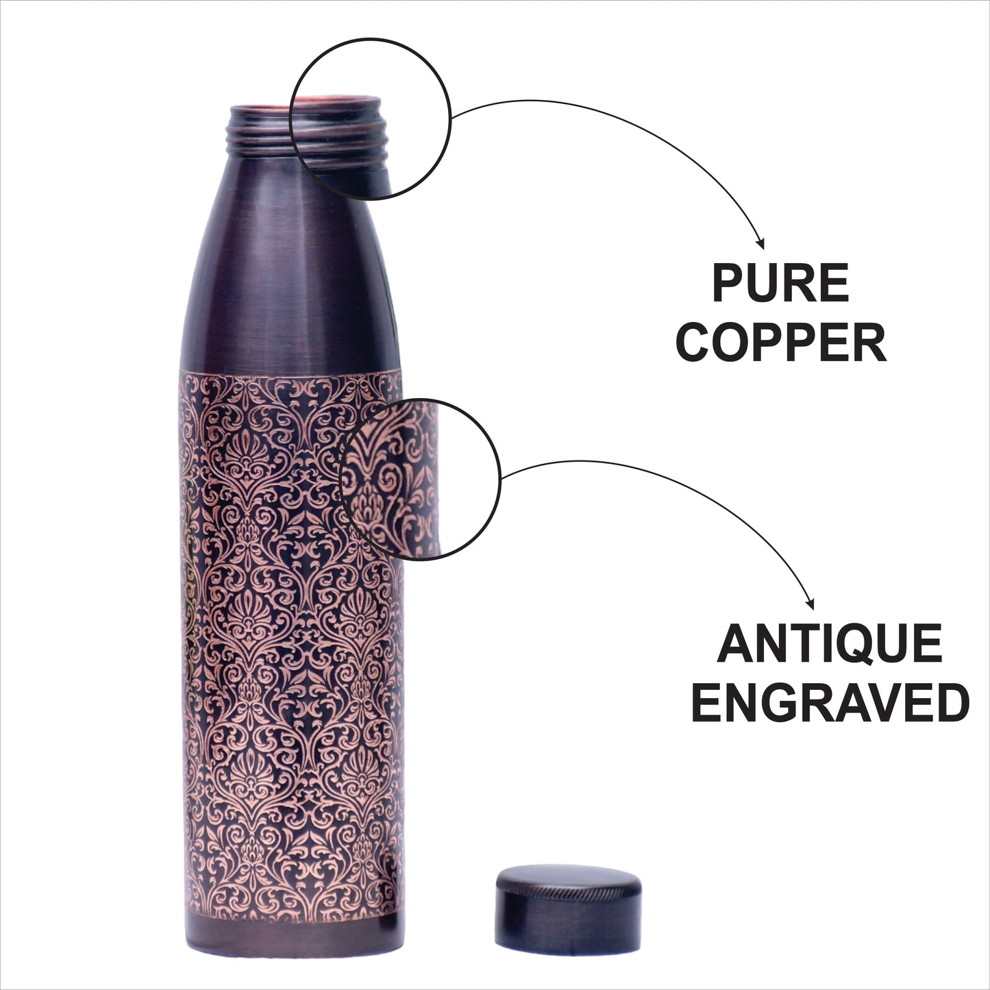 Pure Copper Dr Water Bottle Antique Engraved Capacity 1000ML.