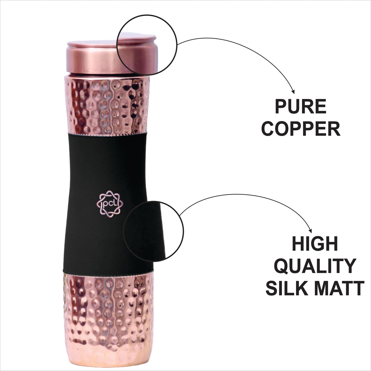 Pure Copper Water Bottle Silk Black Half Hammered Capacity 1000ML