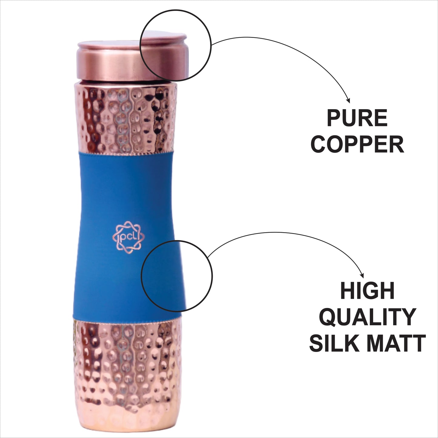 Pure Copper Water Bottle Silk Blue Half Hammered Capacity 1000ml