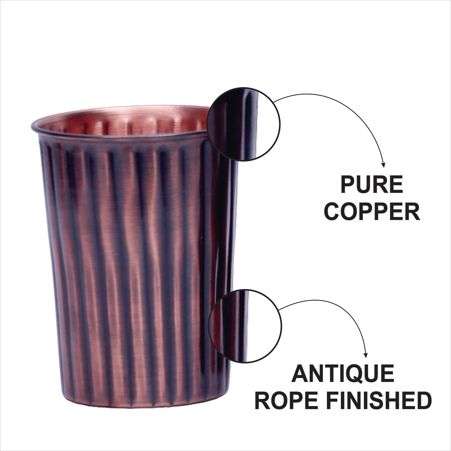 Pure Copper Water Glass Set of 2 Antique Rope Design Tumbler Capacity 300ML