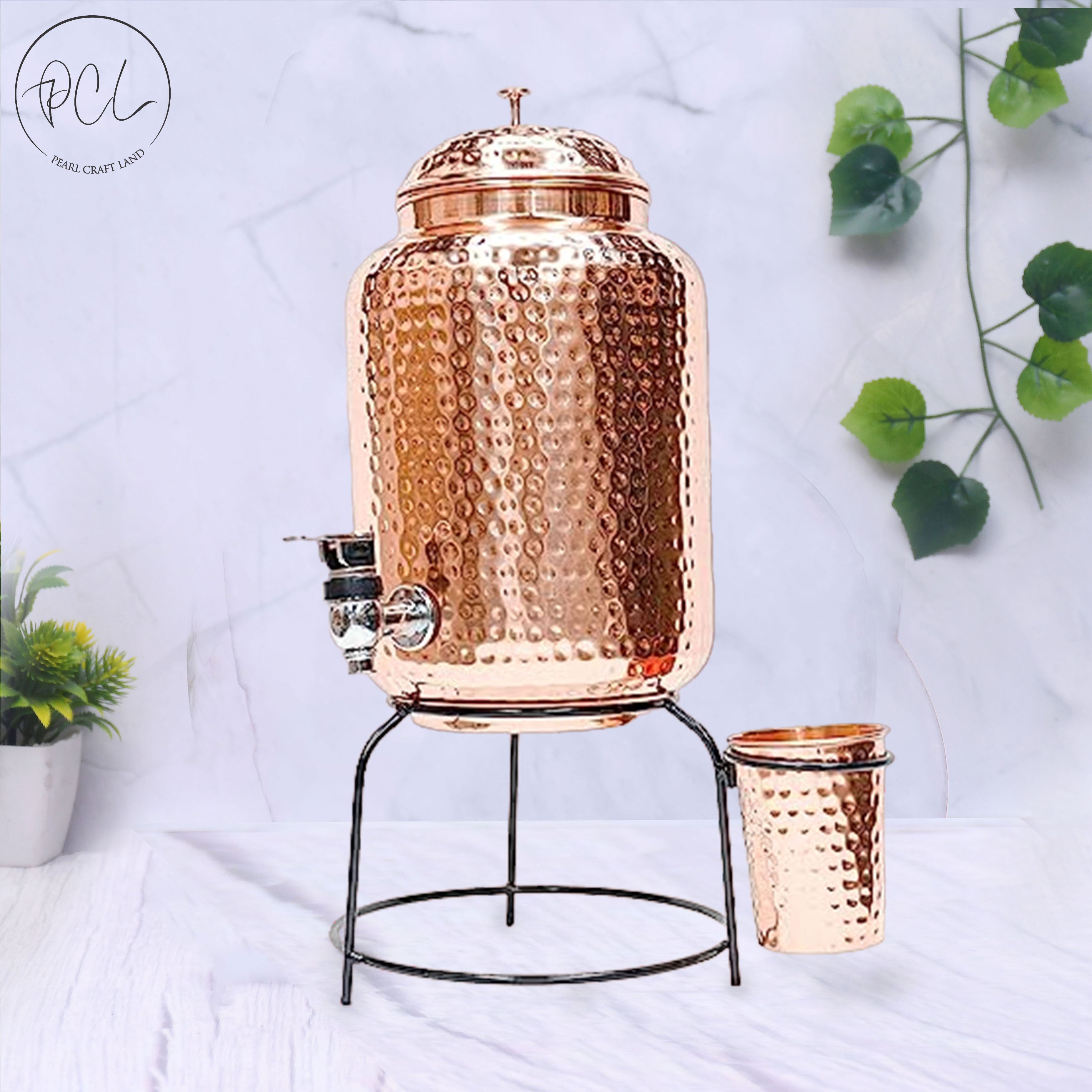 Hammered Copper Water Dispenser 2024 (Matka/Pot) Container Pot with 1 Copper Glass and Stand ,Pure Copper and Ayurvedic Benefits (5000 ml)