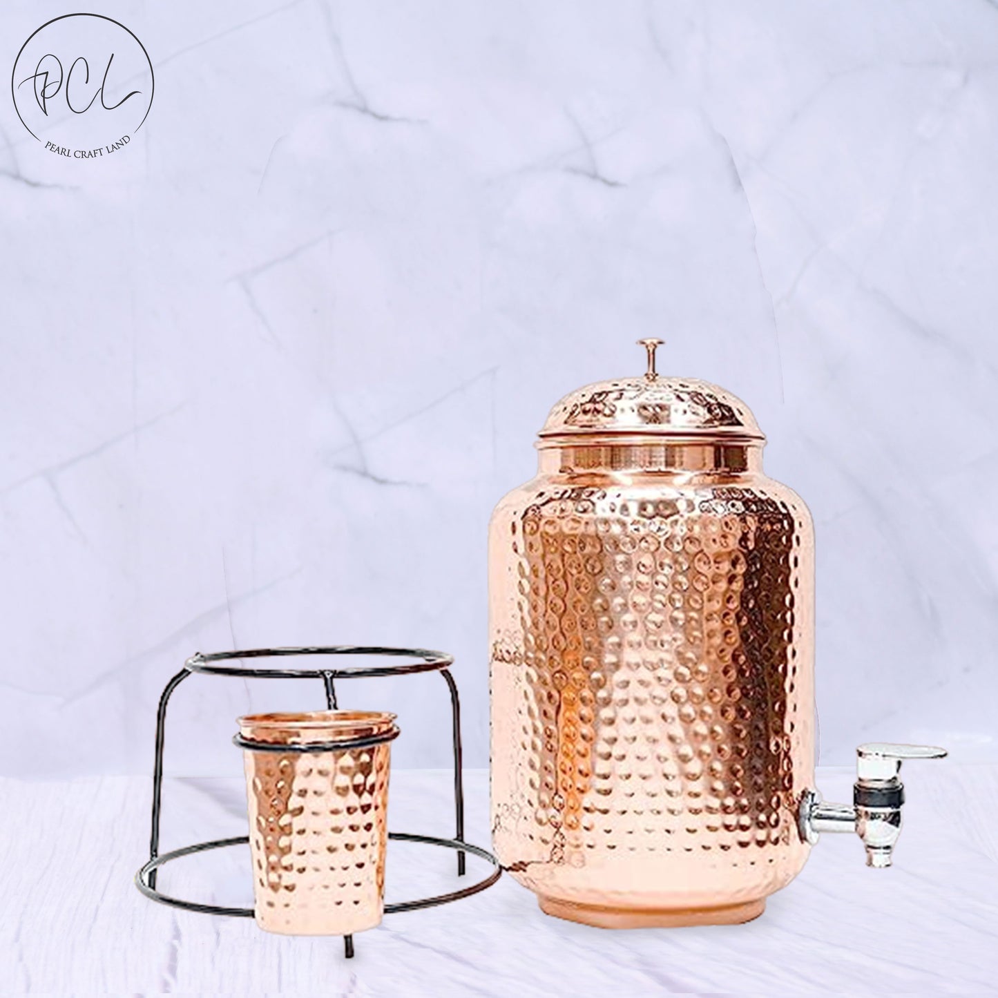 Pure Copper Hammered Water Dispenser with Glass and Stand (Matka) Combo 5000ml