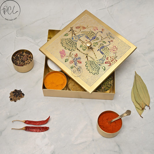 Handcrafted Brass Masala Box Peacock Design Set for Kitchen with Spoon.