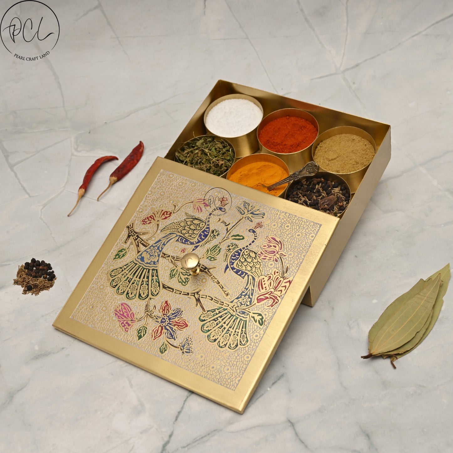 Handcrafted Brass Masala Box Peacock Design Set for Kitchen with Spoon.