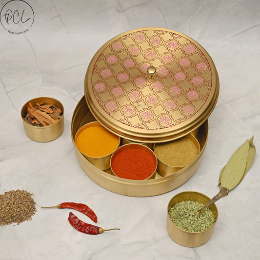 Handcrafted Brass Masala Box Lotus Design Set for Kitchen with Spoon (PINK)