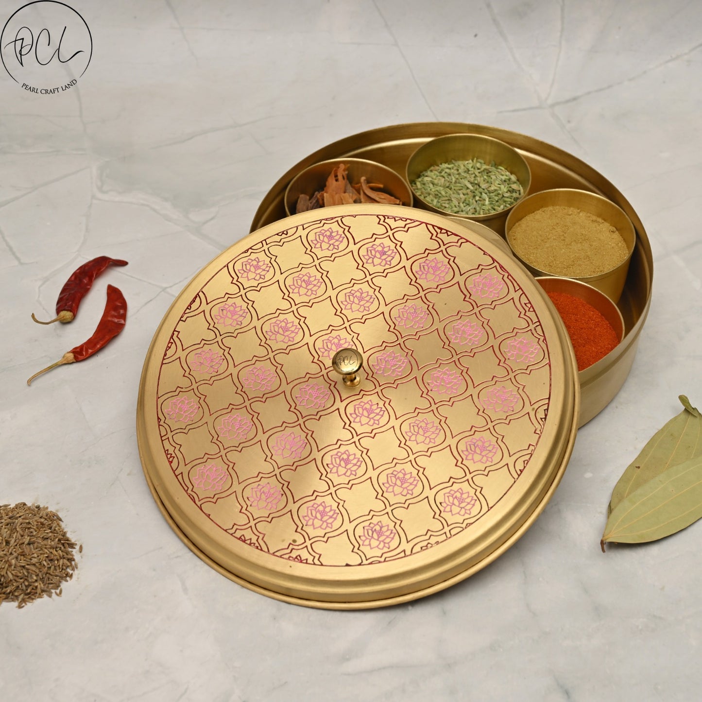 Handcrafted Brass Masala Box Lotus Design Set for Kitchen with Spoon (PINK)