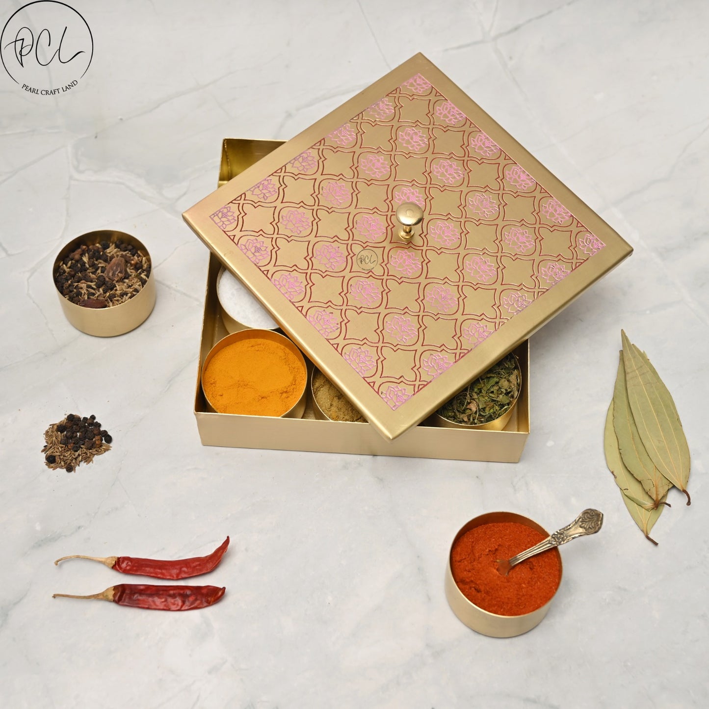 Handcrafted Brass Masala Box Lotus Design Set for Kitchen with Spoon (PINK)