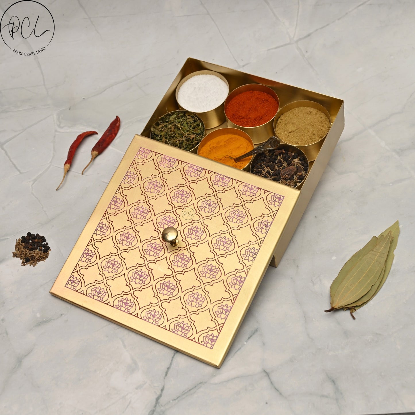 Handcrafted Brass Masala Box Lotus Design Set for Kitchen with Spoon (PINK)