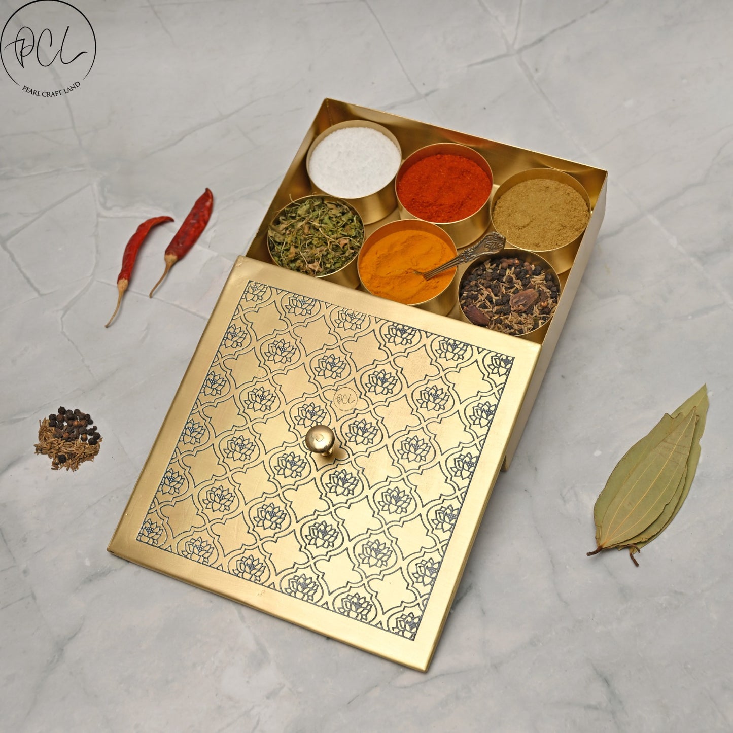 Handcrafted Brass Masala Box Lotus Design Set for Kitchen with Spoon (BLUE)