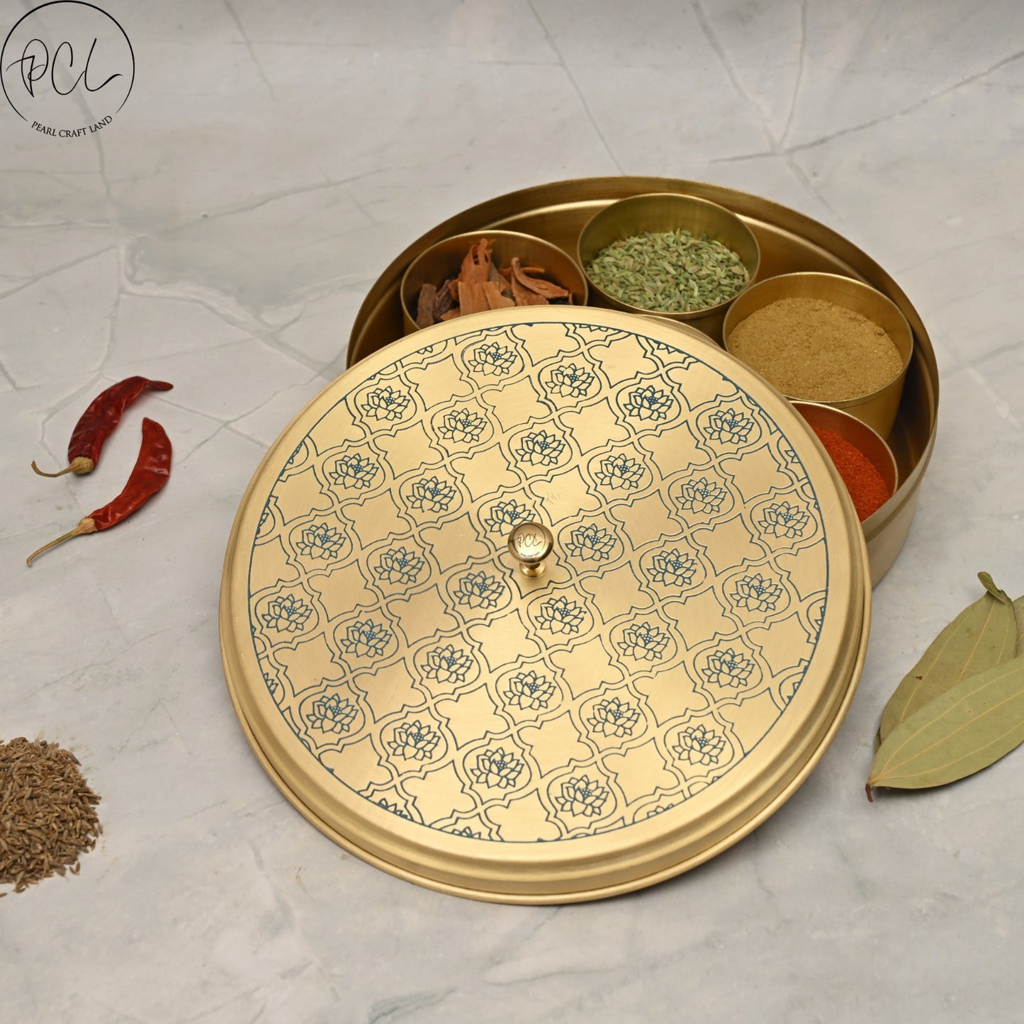 Handcrafted Brass Masala Box Lotus Design Set for Kitchen with Spoon (BLUE)