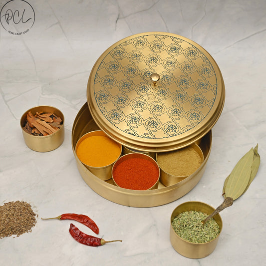 Handcrafted Brass Masala Box Lotus Design Set for Kitchen with Spoon (BLUE)