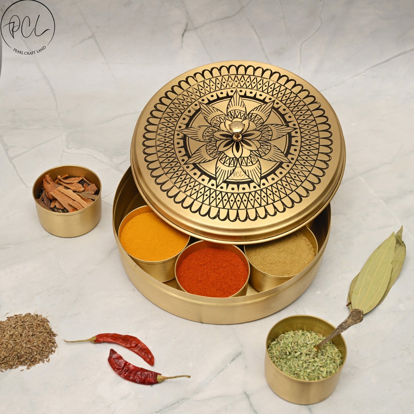 Handcrafted Brass Masala Box Mandala Design Set for Kitchen with Spoon (BLACK)