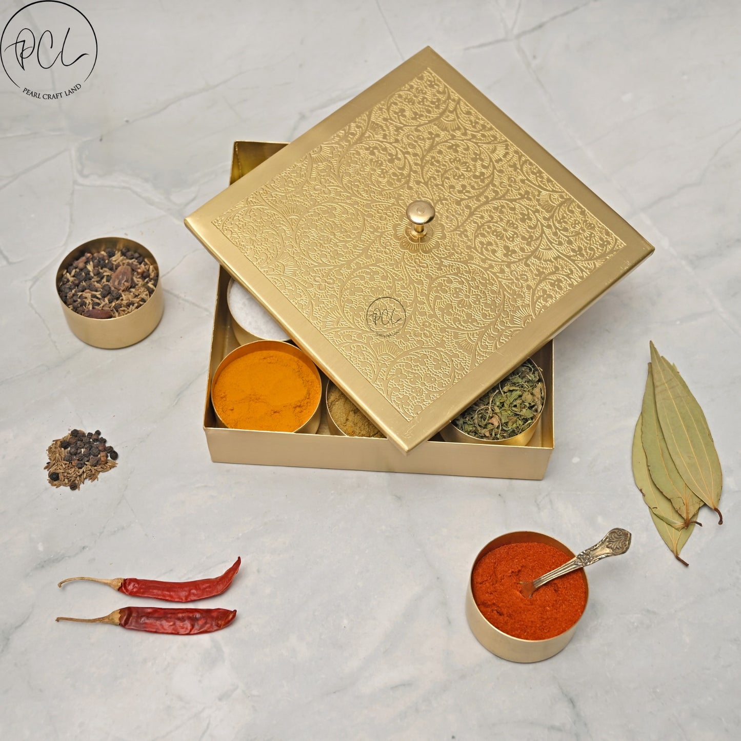 Handcrafted Brass Masala Box Half Etching Set for Kitchen with Spoon