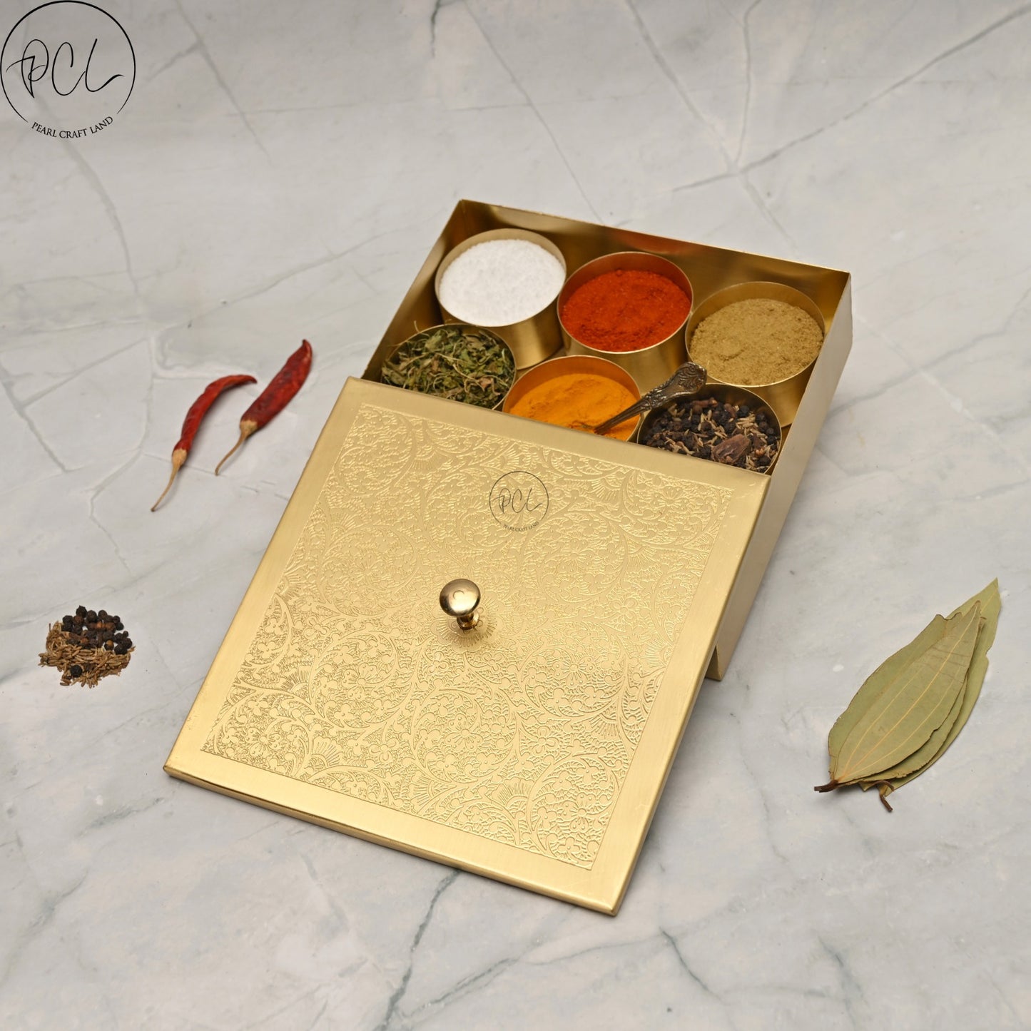 Handcrafted Brass Masala Box Half Etching Set for Kitchen with Spoon